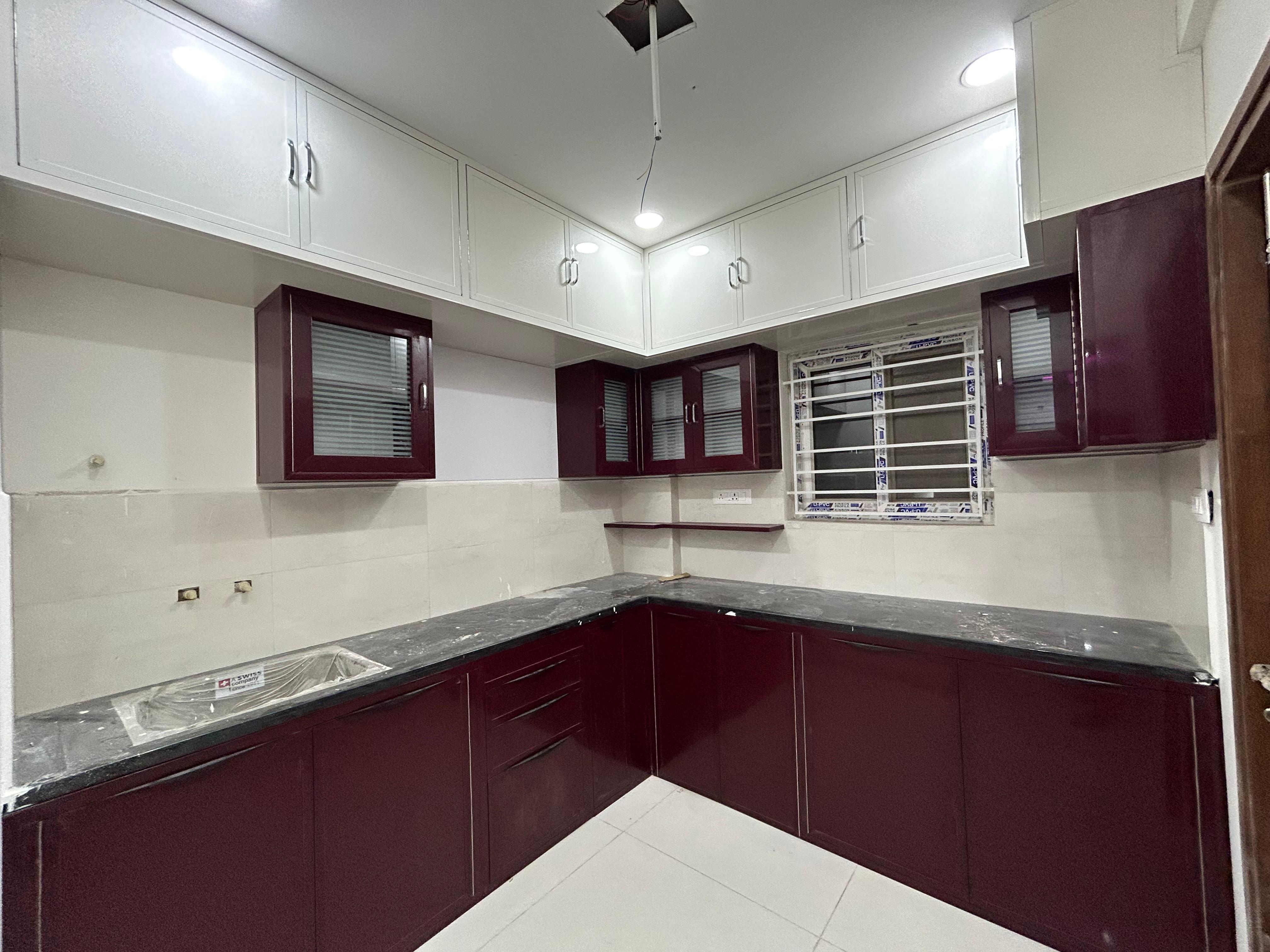 Maroon L-Shape Modular Kitchen